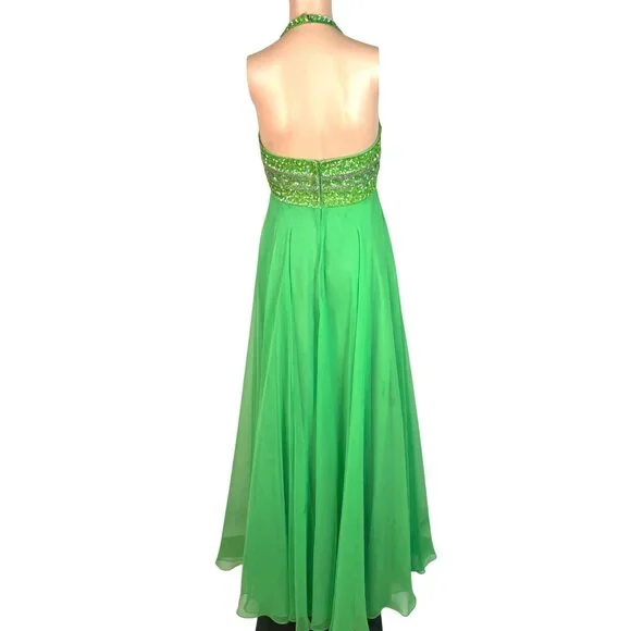 Vintage 1970's Mike Benet Formals Green Halter Beaded Evening Gown Size 7 - Picture 3 of 12